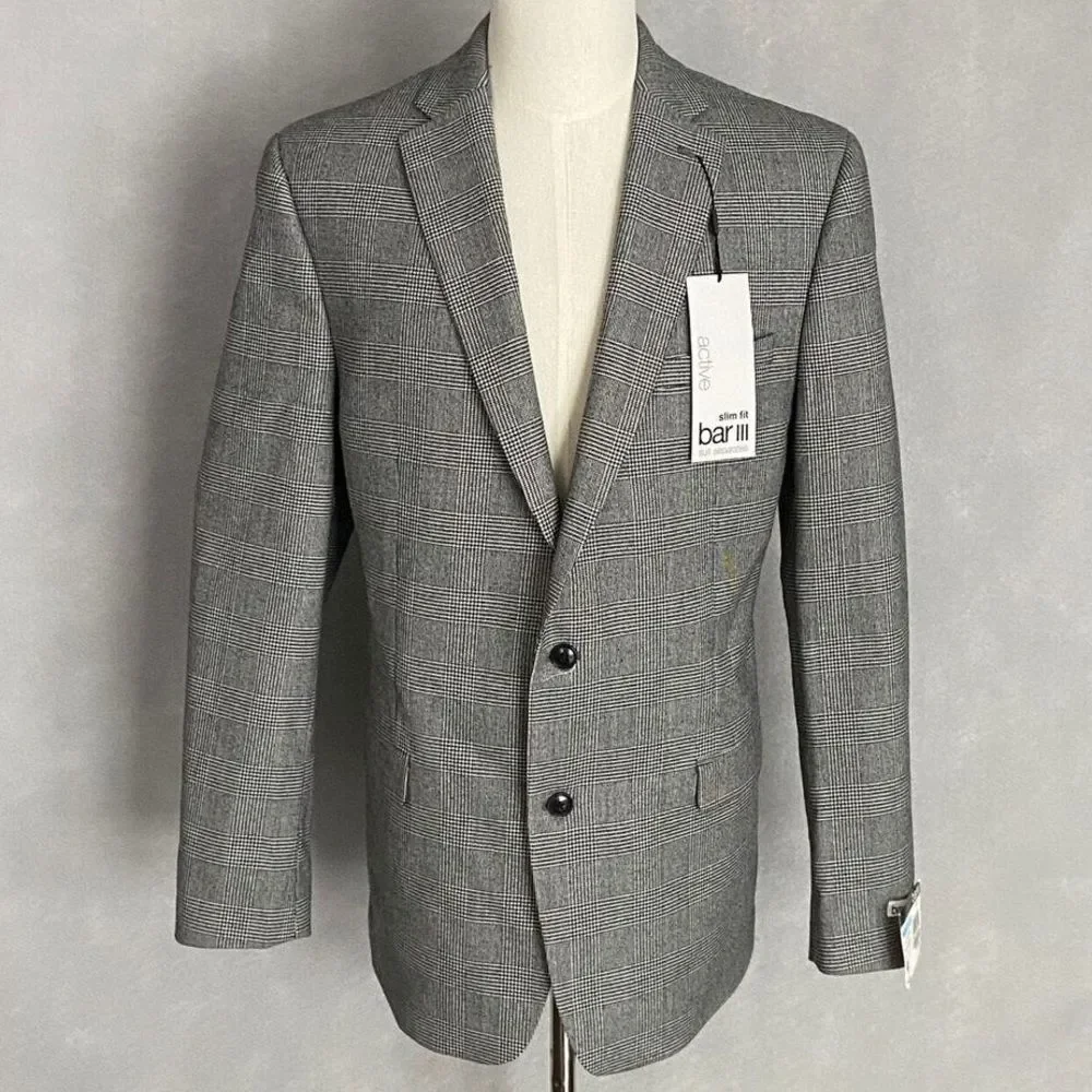 Bar III Glen Plaid Skinny-Fit Suit Jacket in Black-White, NWT, Size 44L